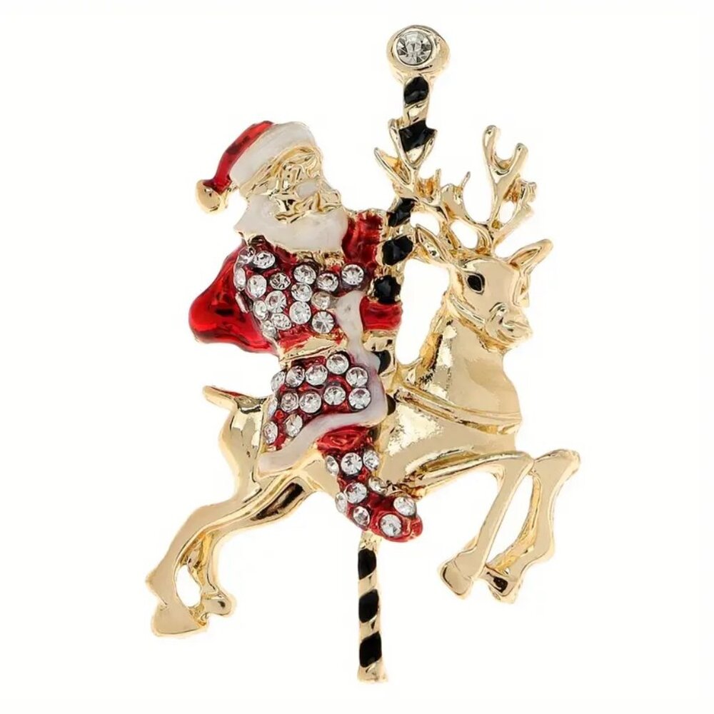 Bedazzled Santa & Rheindeer  Brooche NWT 2"